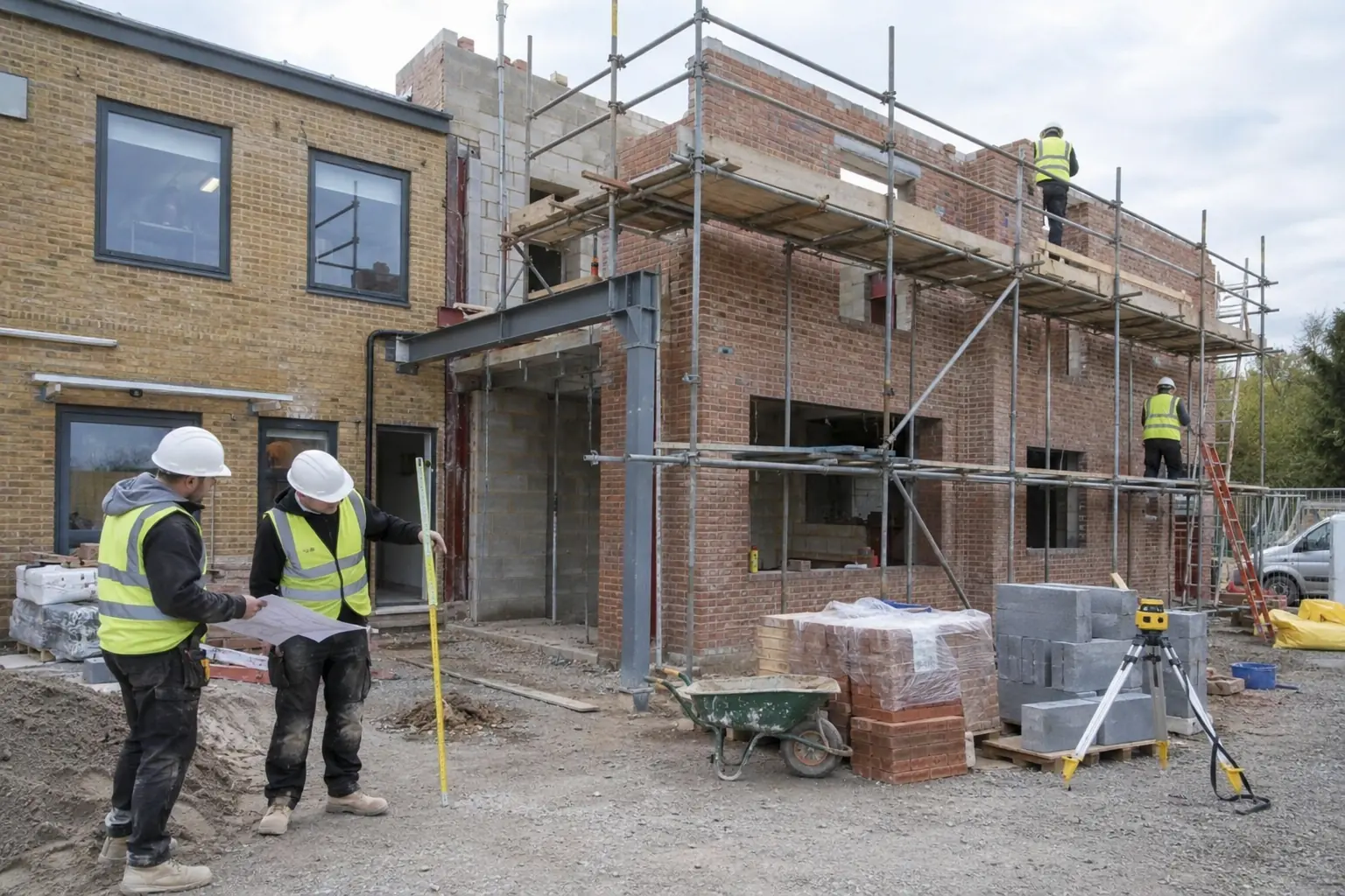 Commercial building contractors — Professional construction crew building a two-storey brick extension on a small commercial office building, both storeys clearly visible with structural connections and guarded scaffolding. Foreground workers review setting-out with measuring tools, helmets and safety boots.