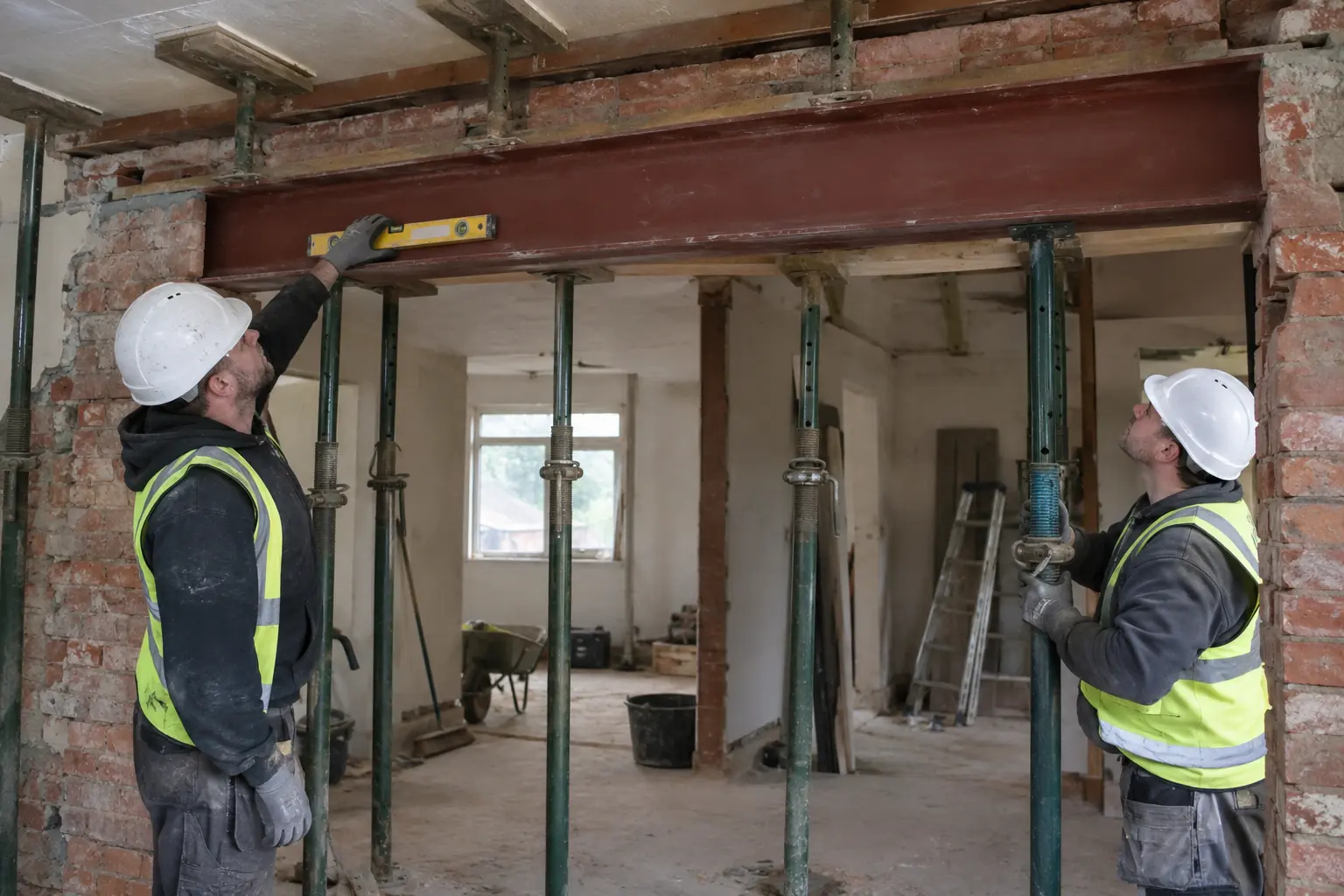 Structural alteration builders — Two builders with helmets and gloves checking a newly installed steel lintel across a large internal opening in a formerly load-bearing brick wall. Clearly visible correctly arranged temporary steel props support remaining structure, engineers' level, no unsupported masonry.